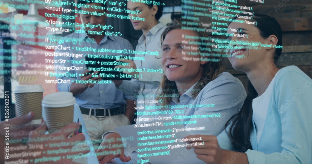 Poster image of multicolored computer language over diverse coworkers discussing while drinking coffee