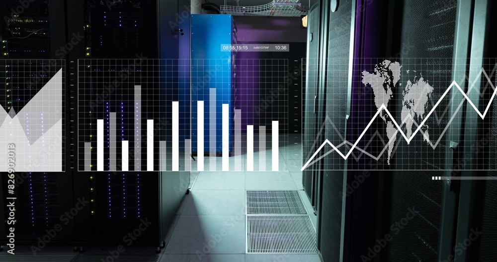 Poster image of multiple graphs, map and loading bars over server room in background