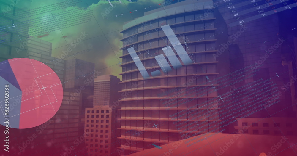 Poster image of abstract pattern and infographic interface over modern buildings against cloudy sky