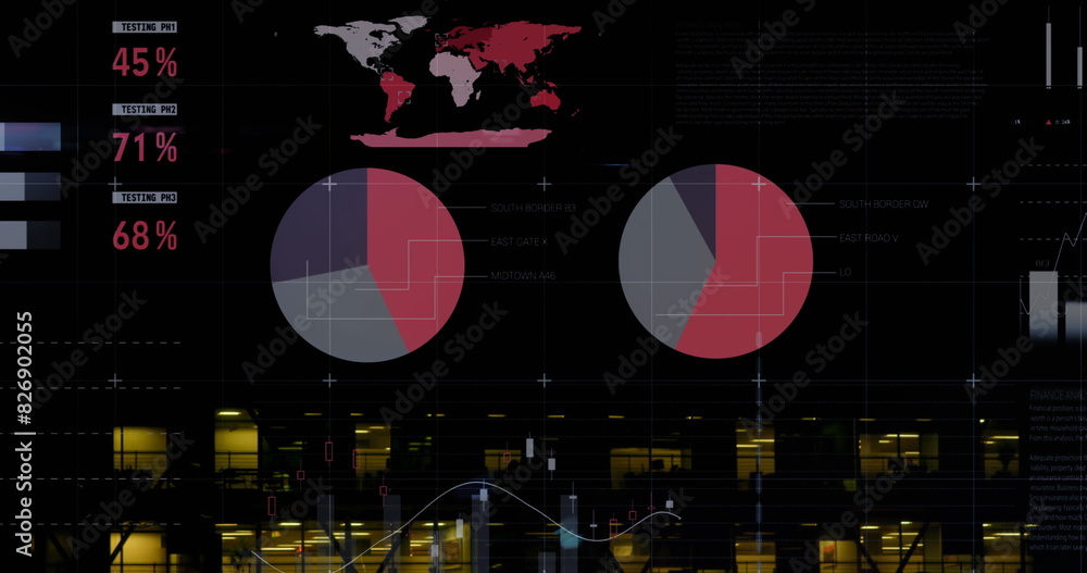 Poster image of multicolored infographic interface over modern building in background