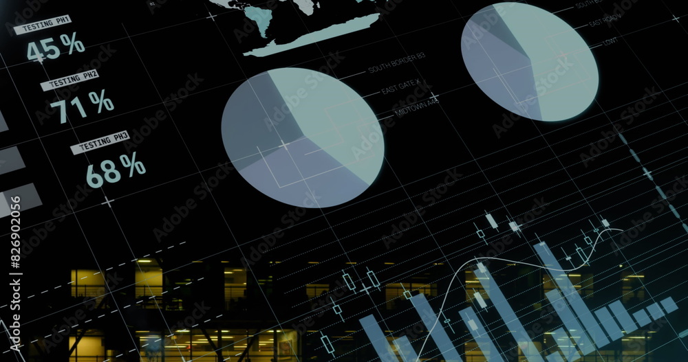 Aufkleber image of multicolored infographic interface over modern building in background
