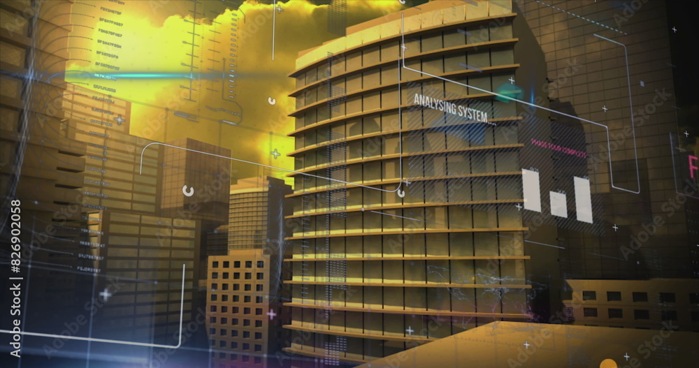 Poster image of graphs, texts and computer language over modern buildings against cloudy sky