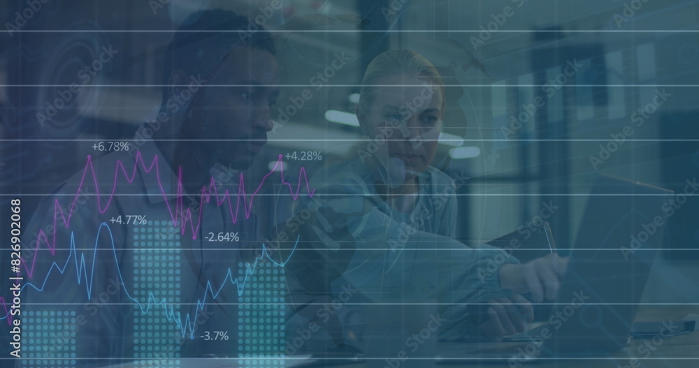 Poster image of multiple graphs and multiracial colleague discussing ideas over laptop in office