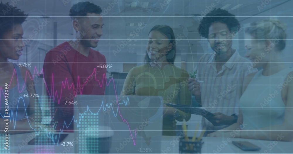Poster image of multiple graph and diverse colleague with clipboard and laptop discussing in office