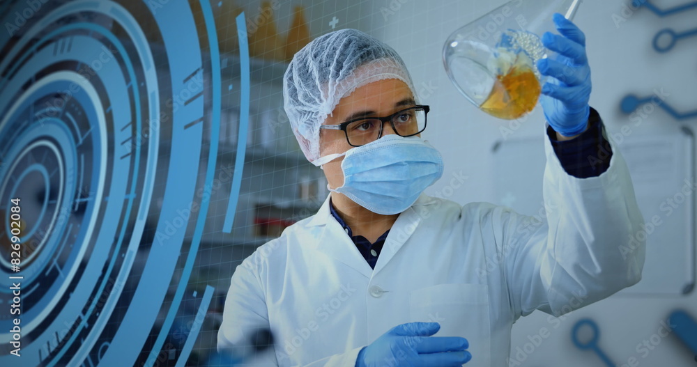 Poster image of loading circles, computer language, caucasian scientist wearing mask examining liquid