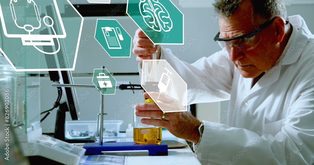 Poster image of multiple icons over caucasian scientist mixing and injecting liquid in beaker