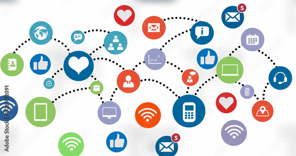 Poster image of multiple mobile application icons connected with dots on white background