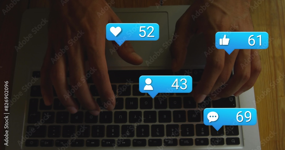Aufkleber image of notification icons with increasing number over caucasian hands using laptop