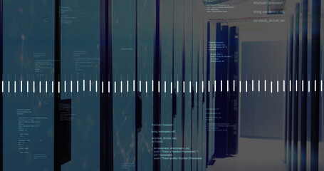 Image of graphs and computer language over data server room