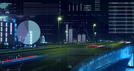 Fototapeta premium Image of infographic interface over time lapse of moving vehicles on street against buildings