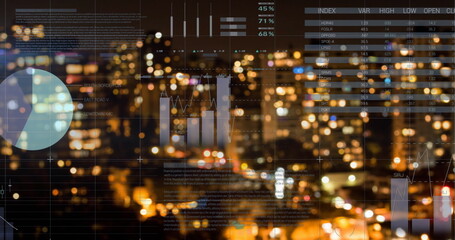 Image of infographic interface over blurred illuminated modern city against sky