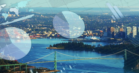 Image of infographic interface over time lapse of moving boat in river against modern city