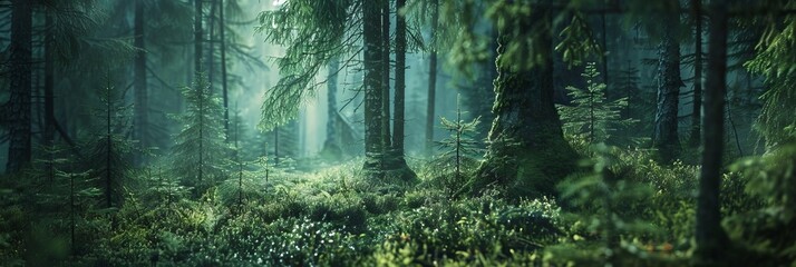 Realistic photography of coniferous forest. Abstract background of a northern forest