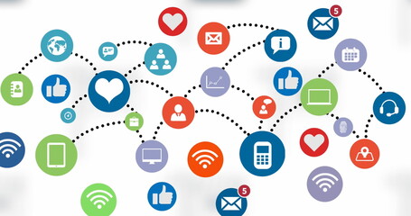 Image of multiple mobile application icons connected with dots on white background