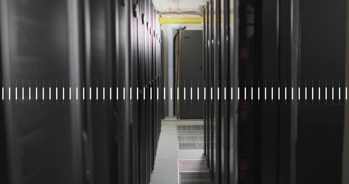 Image of line graphs over data server racks in server room