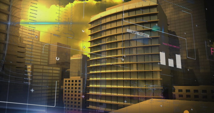 Image of graphs, texts and computer language over modern buildings against cloudy sky