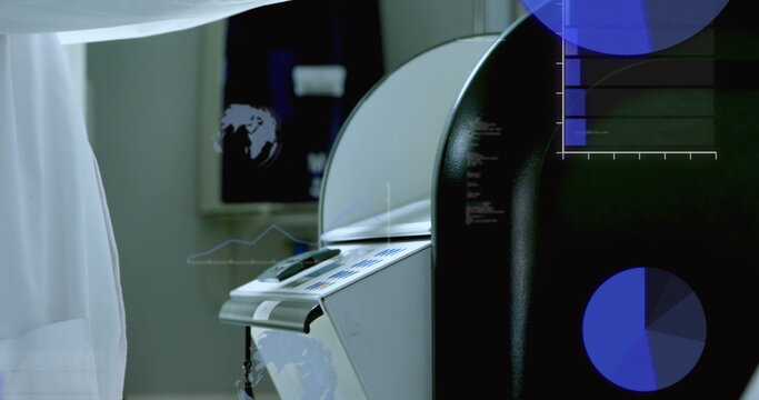 Image of globes, computer language, caucasian scientist removing liquid beakers from equipment