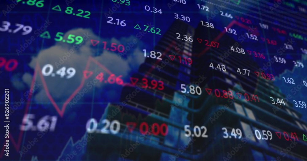 Poster image of graphs and trading board over low angle view of modern building against cloudy sky