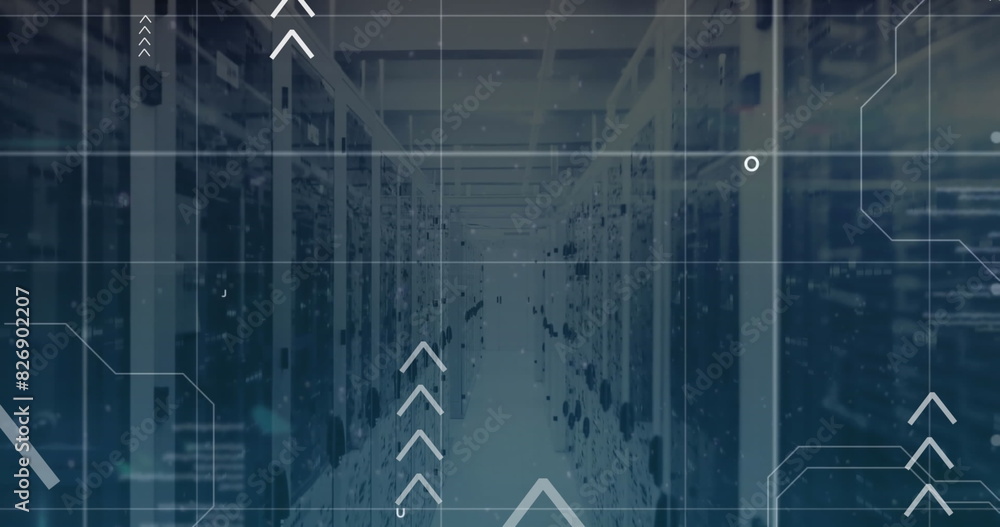 Poster image of arrow, computer language, letters over data server room