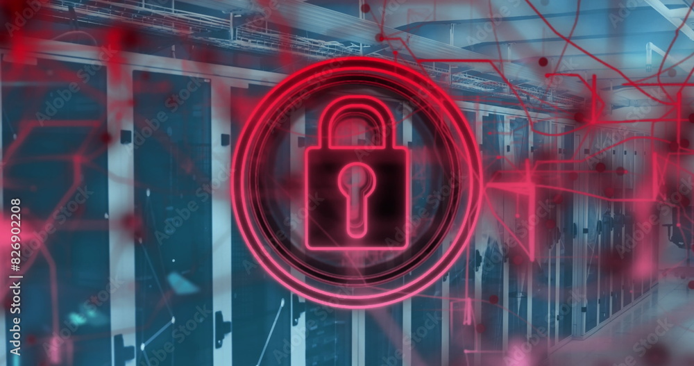 Poster image of padlock in circle, navigation pattern over connected dots on data server systems