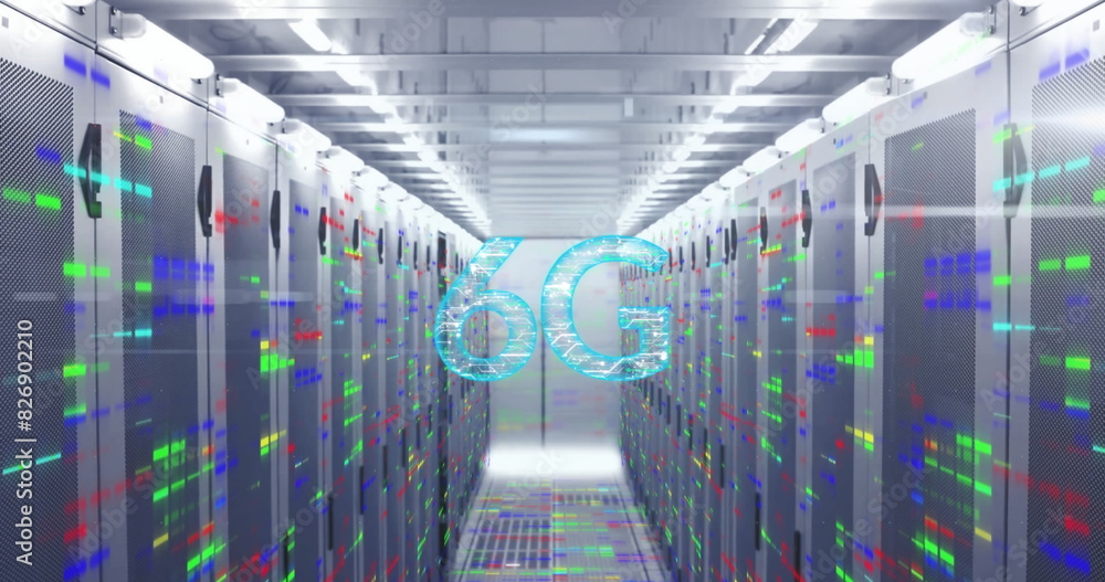 Poster image of connected dots in 6g text over bars on data server systems in server room