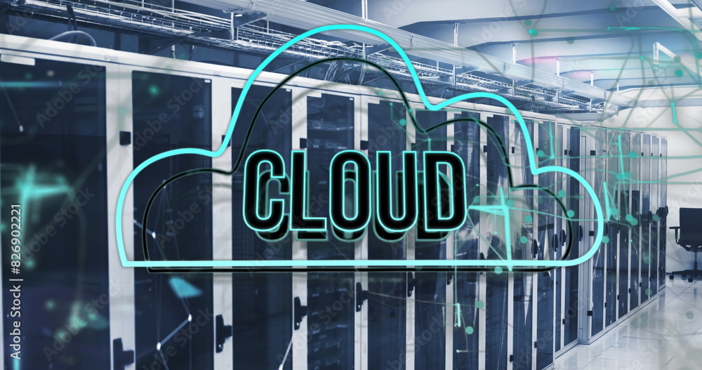 Poster image of cloud text in cloud over connected dots on data server racks in server room