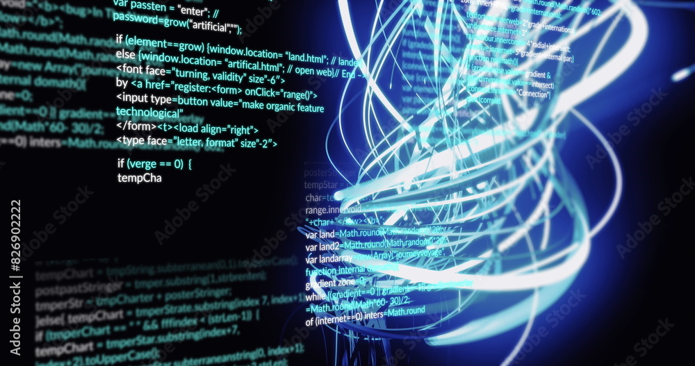 Poster image of spiral pattern and multicolored computer language over black background