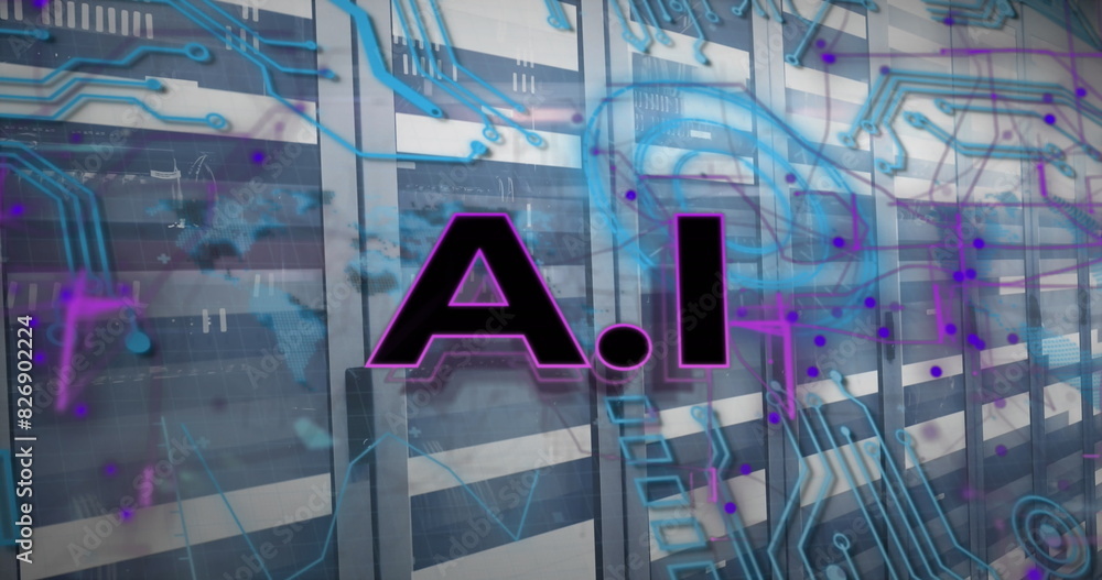 Poster image of ai text with circuit board pattern over moving bars on data server racks