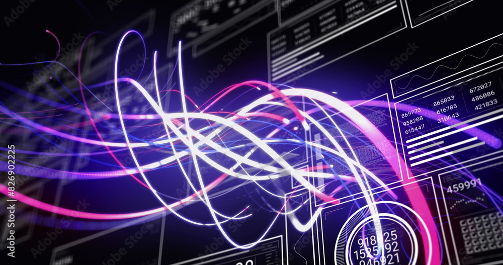 Poster image of spiral pattern, graphs, changing numbers, loading circles and bars on black background
