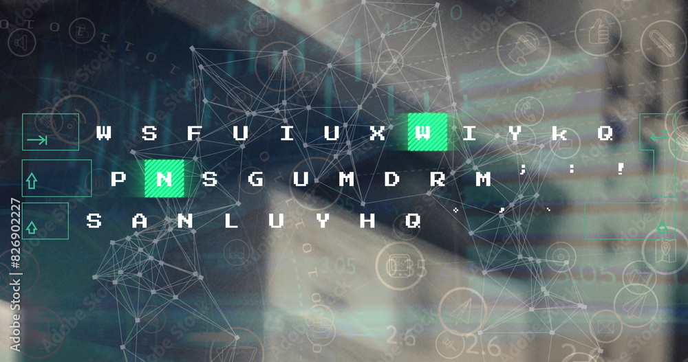 Poster image of moving pattern on keyboard, connected dots, graphs, trading board over building