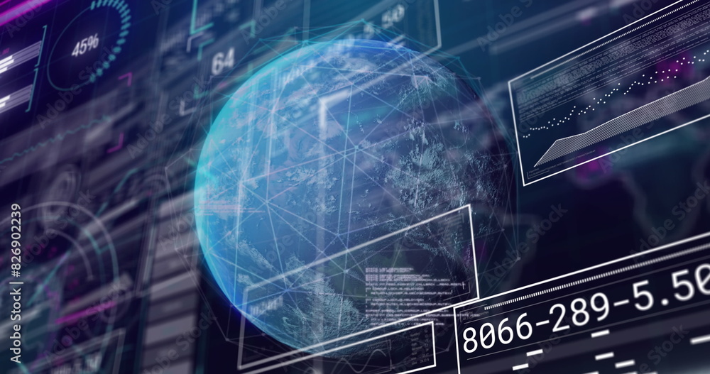 Poster image of graphs, loading circles, bars, changing numbers over globe against abstract background