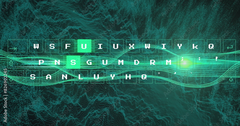 Poster image of pattern moving on keyboard, wave pattern over dynamic waves over black background