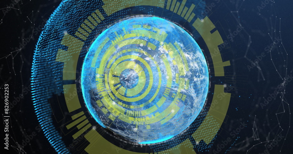 Poster image of loading circles over connected dots around globes against abstract background