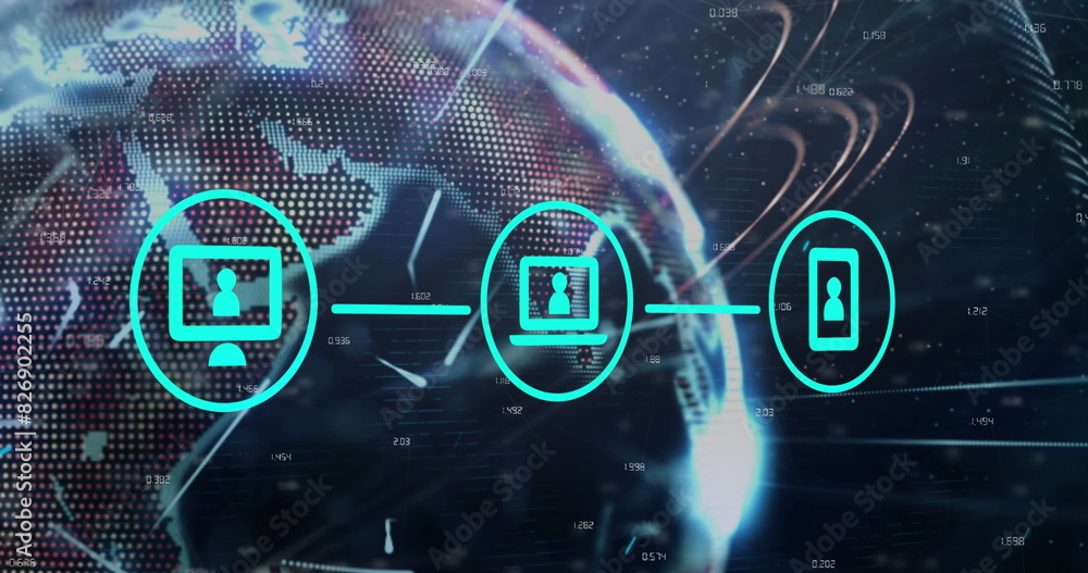 Poster image of flowchart of icons over changing numbers and lines on globe against abstract background