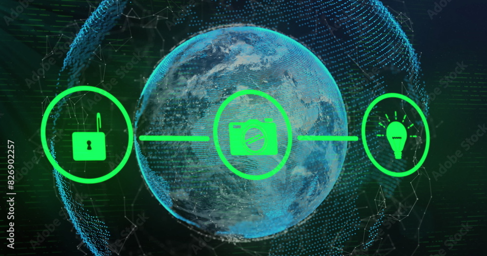 Poster image of flowchart of icons over connected dots around globes against abstract background