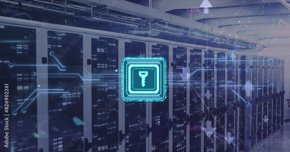 Poster image of key in square, connected arrows, circuit board pattern over data server racks