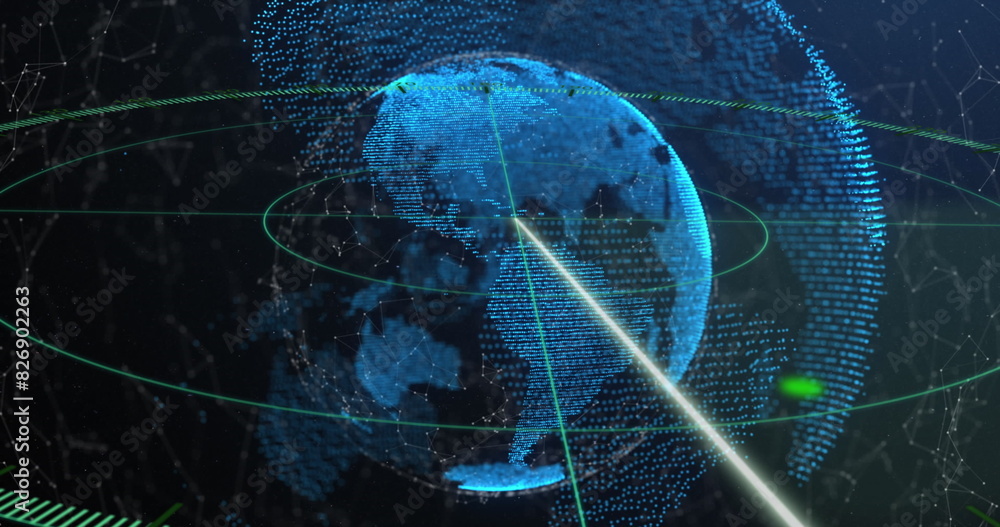 Poster image of moving line in circles over connected dots around globes against abstract background