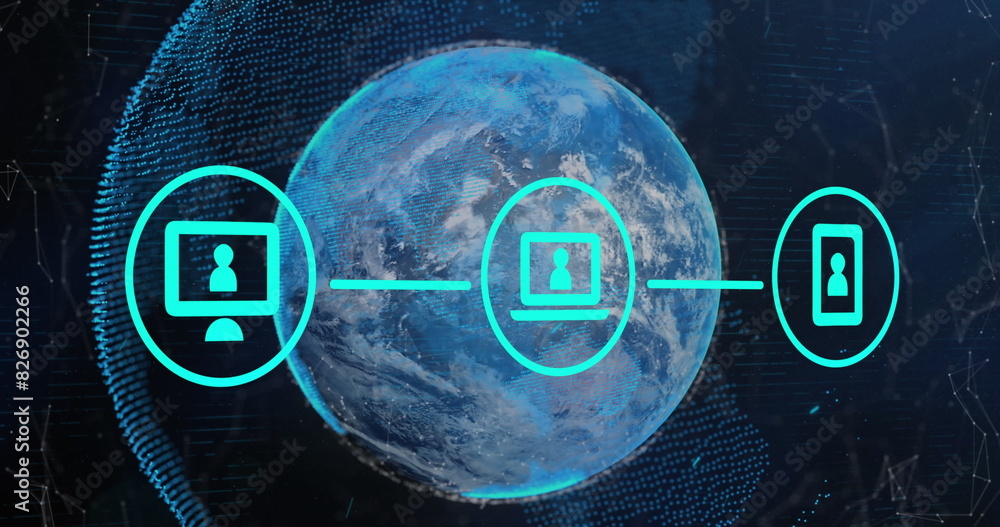 Aufkleber three green digital icons with a computer interface on a glowing blue background