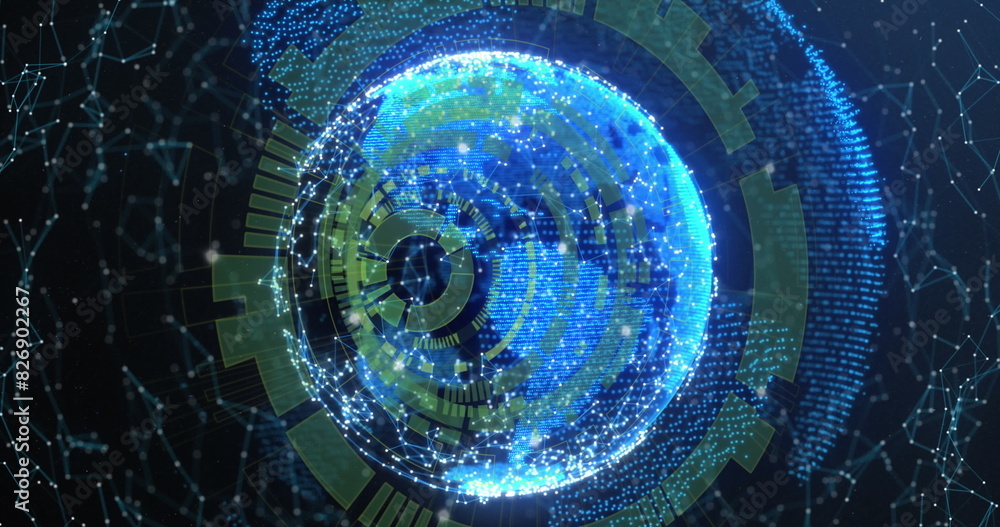 Poster image of loading circles over connected dots around globes against abstract background