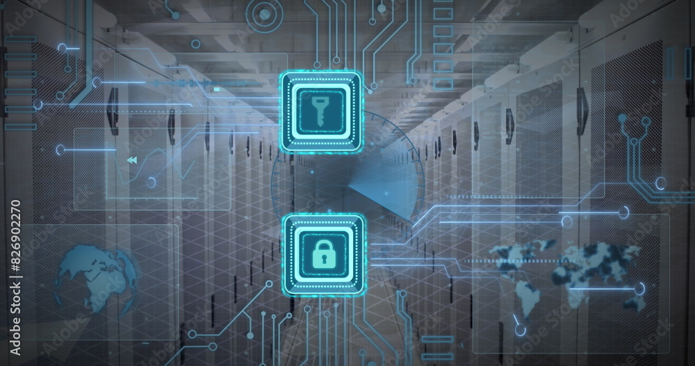 Poster image of key and padlock in square, globes, map and circuit board pattern over server room