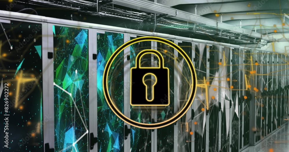 Poster image of padlock in circles over connected dots and globe in data server racks