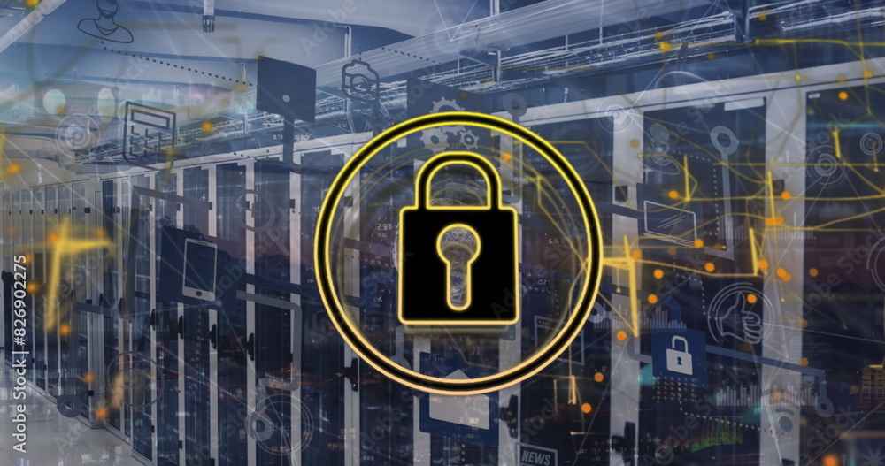 Poster image of padlock in circle with flowchart of icons and connected dots over server room