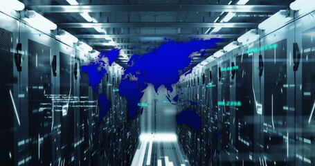 Image of computer language and map over connected dots on data server racks