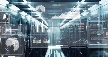Image of multiple graphs, globes, loading bars and circles over data server room