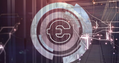 Image of euro symbol and circles with navigation pattern over server room