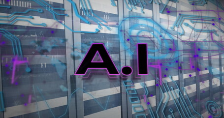 Image of ai text with circuit board pattern over moving bars on data server racks