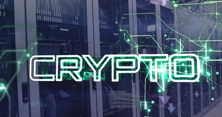Image of crypto text with connected arrows and computer language over data server racks