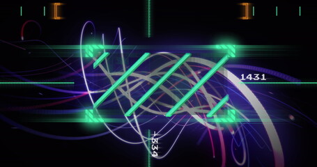 Image of lines in viewfinder and changing numbers with spiral pattern over black background