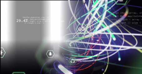 Image of spiral pattern and multiple icons with computer language over black background