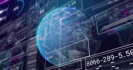 Image of graphs, loading circles, bars, changing numbers over globe against abstract background